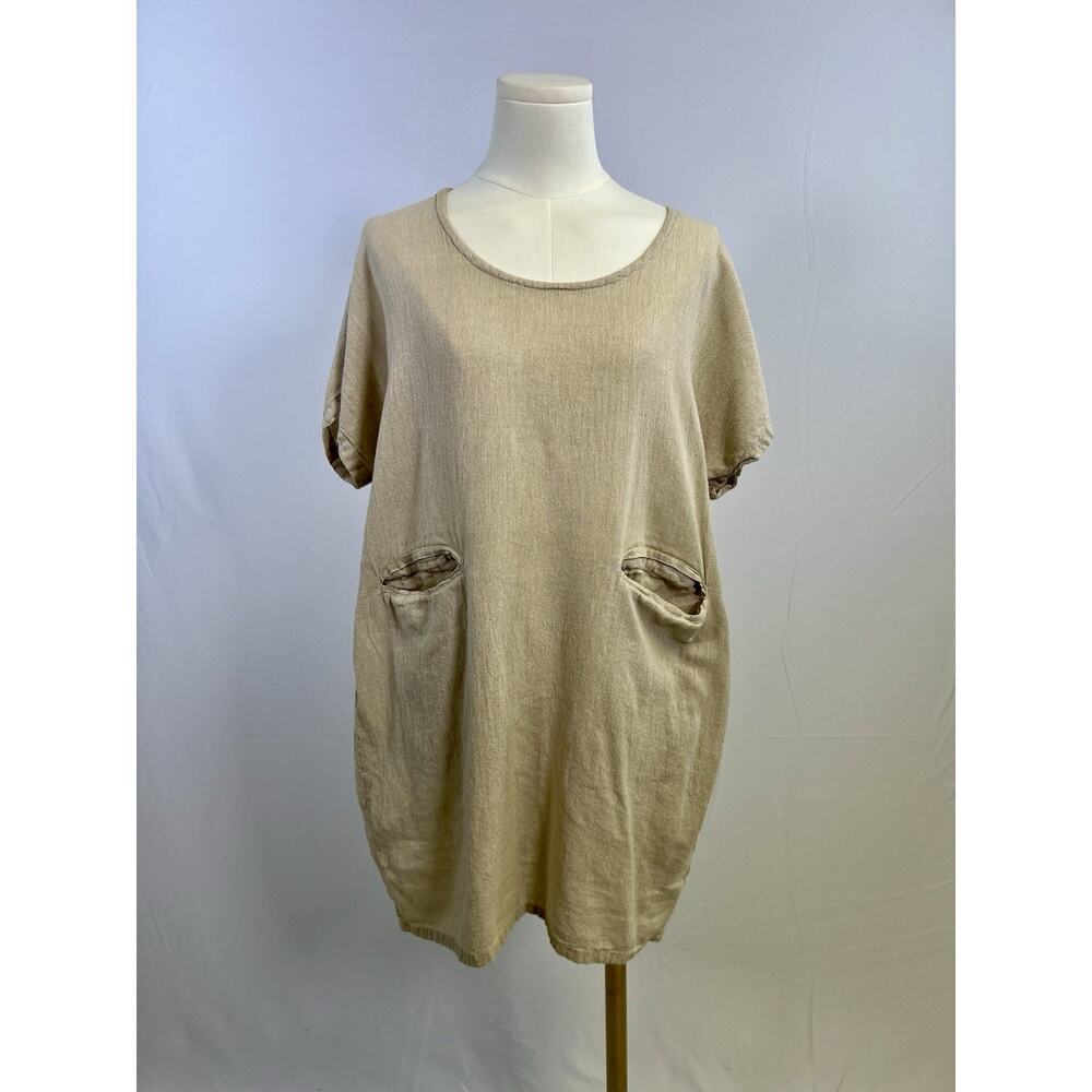 Womens Linen Dress Sz‎ M Beige Shift Lagenlook Short Sleeve Pockets Tree Of Life